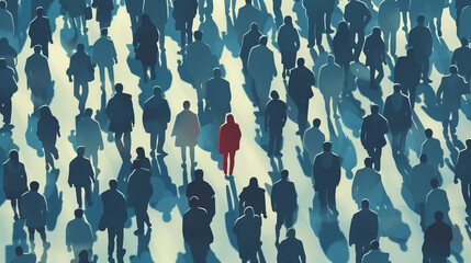 man in red jacket in a crowd of people top view. concept of loneliness in a crowd. - obrazy, fototapety, plakaty