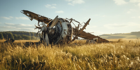a crashed airplane in a field - obrazy, fototapety, plakaty
