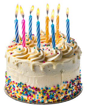 Birthday cake with colorful frosting and candles, cut out - stock png.