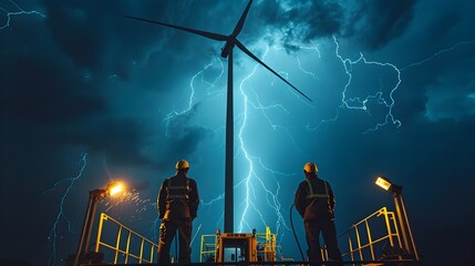 Industrial Workers Standing Near Wind Turbine During Lightning Storm