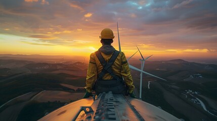 Industrial Worker at Sunset on Wind Turbines, To convey a sense of renewable energy and the beauty of nature