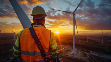 Man in Hardhat Overlooking Wind Turbines at Sunset, To convey the sense of modern renewable energy technology