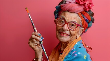 A woman in a colorful clown costume, holding a paintbrush and palette, smiles for the camera