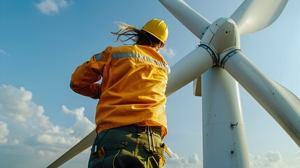 Worker Standing by a Wind Turbine, To convey the idea of renewable energy production with a focus on the worker and the wind turbine
