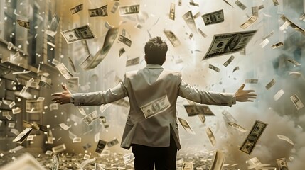 Man Reaching for Flying Money, To convey a sense of financial success 