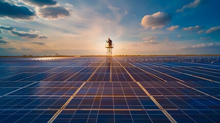 Man Overlooking Solar Panels at Sunset, To convey the beauty and power of renewable solar energy at sunset