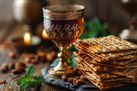 Passover celebration concept. Matzah, red kosher in cup elijah on wooden table table