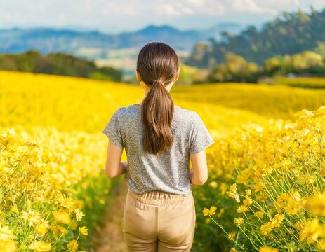 Woman walking in a yellow flower field