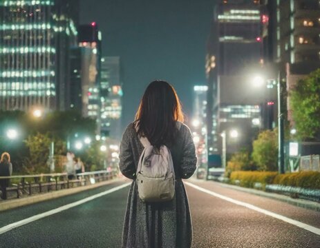 Back view of a woman walking downtown at night