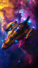 A spaceship journeying through a vibrant galaxy, depicted in a photorealistic style, mobile phone wallpaper