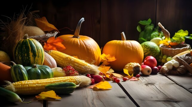 Calabazas, peras, manzanas y mazorcas de ma&iacute;z para el fondo del concepto de celebraci&oacute;n de acci&oacute;n de gracias
