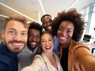 Multicultural happy people taking group selfie portrait in the office, diverse people celebrating together, Happy lifestyle, start-up and teamwork concept