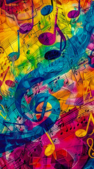 A colorful array of notes, capturing the rich harmonies of jazz music, mobile phone wallpaper