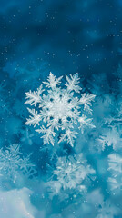 Fototapeta na wymiar A snowflake against a soft, blue background, mobile phone wallpaper or advertising background