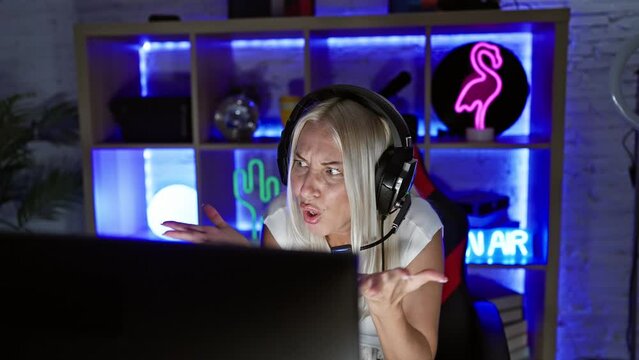 Frustrated blonde gamer, screaming in anger, aggressive woman with headphones in a fuming, furious rage at the computer in the dark gaming room