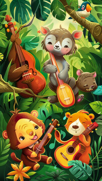 Cartoon animals playing on a jungle gym in the wild, mobile phone wallpaper