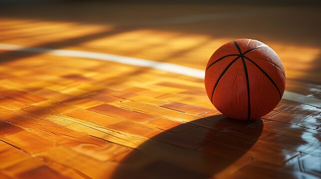 Image of a basketball resting on a glossy wooden basketball court floor.  Generative ai.