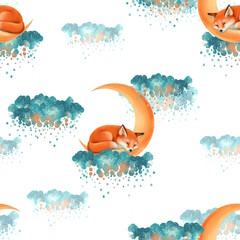 Cute little fox sleeps on the cloud, hand drawn seamless pattern with white background. - 759537675