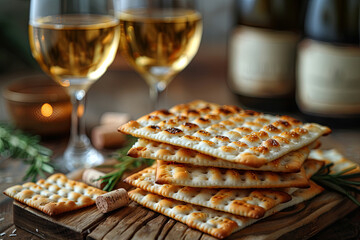 Matzah or matzo and wine on a festive table presented as a Passover seder meal - obrazy, fototapety, plakaty