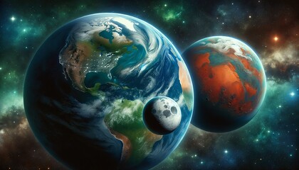 Illustration Digital Oil Painting of Earth, Moon and Mars