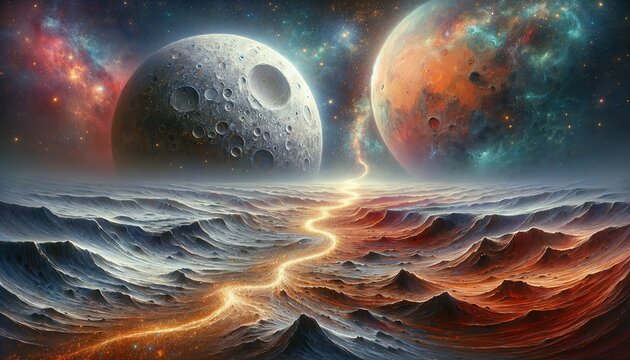 Illustration Digital Oil Painting of an Abstract Representation of the Journey from the Moon to Mars