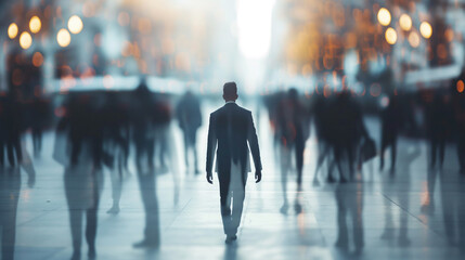 Businessman walking on the street, people fade away - obrazy, fototapety, plakaty