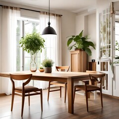 home interior dining room with wood chair and wood table vase with flowers plant