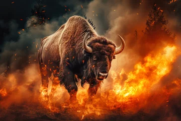 Foto op Plexiglas A bison in motion, running through a forest engulfed in flames. The urgent escape of the animal from the environmental hazard of a forest fire © Anoo