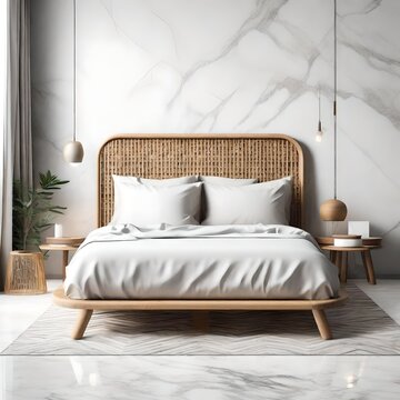 Modern bedroom interior mock up, wooden rattan bed on empty marble wall background, Scandinavian style, 3d render