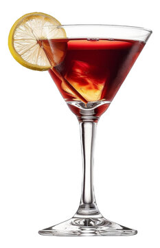 Watercolor art of a cocktail drink with lemon slice and cherry on transparent background - stock png.
