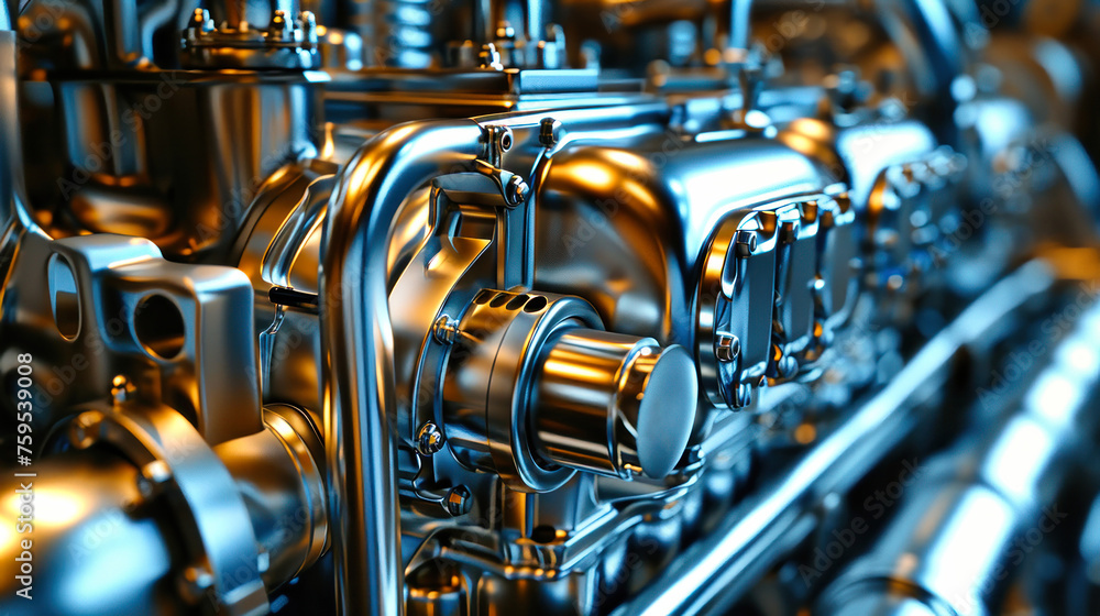 Poster detailed view of a high-tech metal structure, part of a modern engine design and production process 