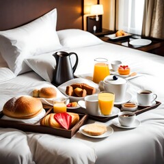 Fototapeta na wymiar Breakfast in bed in hotel room.