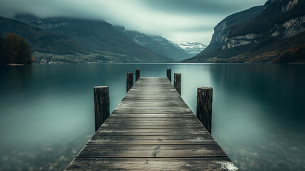 Wooden pier on lake with clouds and mountain range background - obrazy, fototapety, plakaty