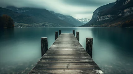 Poster Wooden pier on lake with clouds and mountain range background © Nick