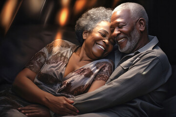 Fototapeta premium An elderly dark-skinned man and woman embracing each other affectionately in bed, showcasing love and romance