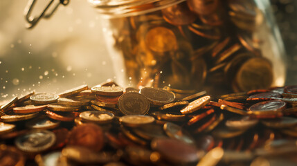 Old coins spill out of jug on the table close up shot - Powered by Adobe