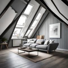 Naklejka na ściany i meble Grey attic living room interior with sofa