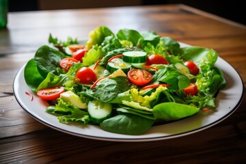 Healthy and delicious green salad with fresh spinach, crisp cucumbers, and juicy tomatoes