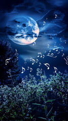 A scene with soft music notes floating under a moonlit sky, mobile phone wallpaper