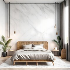 Modern bedroom interior mock up, wooden rattan bed on empty marble wall background, Scandinavian style, 3d render - obrazy, fototapety, plakaty
