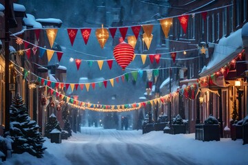 Festive holiday banners draped along a snow-covered main thoroughfare - obrazy, fototapety, plakaty