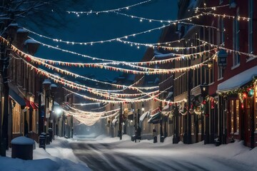 Holiday flags hung across a snow-covered main street. - obrazy, fototapety, plakaty