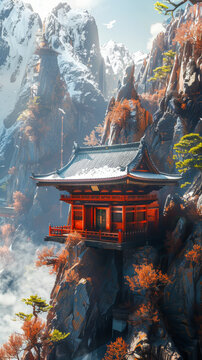 A shrine nestled in the mountains, rendered in a cinematic lighting style, mobile phone wallpaper