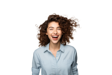 Joyful woman with curly hair, laughing, on black background, casual style. Against transparent background