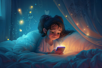 Dessin cartoon petite fille regarde ou joue avec un téléphone portable le soir, couchée sur son lit, addiction à la lumière bleue  - obrazy, fototapety, plakaty