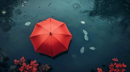 Red and Black Umbrella Floating in the Middle