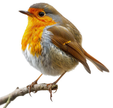 European robin perched on branch on transparent background - stock png.