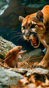 A puma playfully pouncing on a toy mouse. mobile phone wallpaper