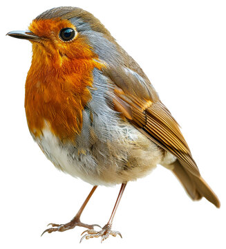 European robin perched on branch on transparent background - stock png.