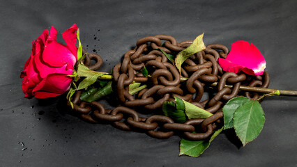 Rusty chain and red rose on a black background.